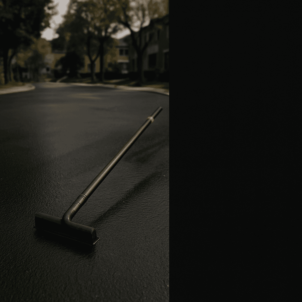 Scellant noir fraîchement appliqué sur une entrée résidentielle, surface humide et brillante